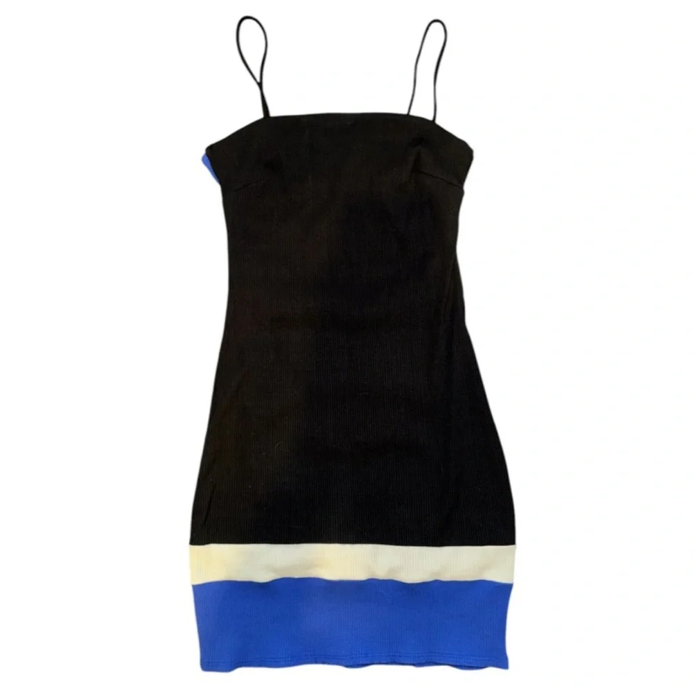 Black Strap Mini Dress with Blue & Cream Hem - Picture 5 of 12